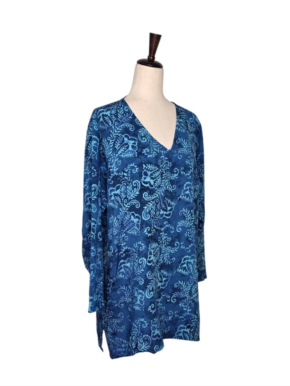 Soft Surroundings Teal Vine Print V-neck Long Sleeve Tunic - Picture 3 of 7
